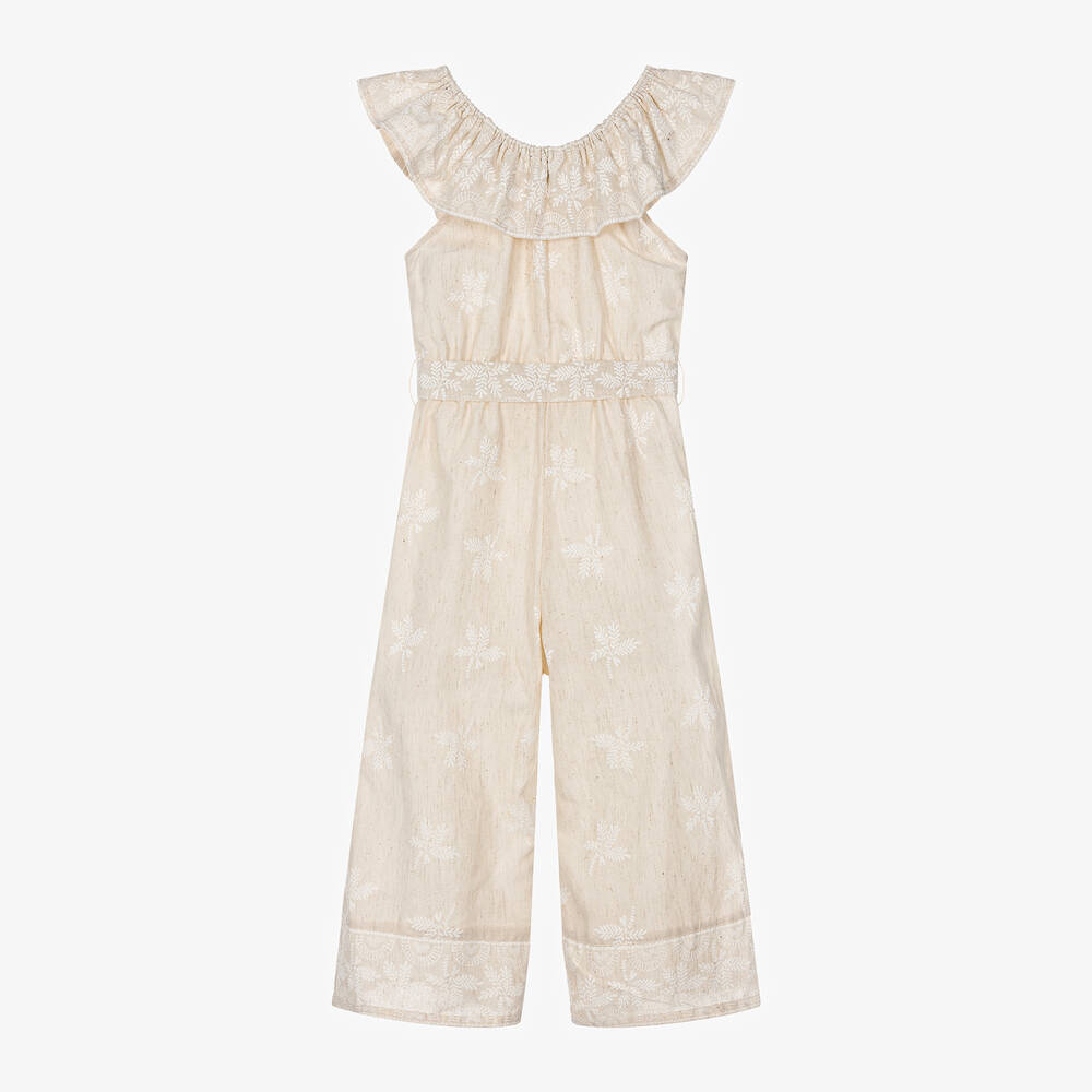 Mayoral-Girls Beige Cotton & Linen Jumpsuit | Childrensalon Outlet