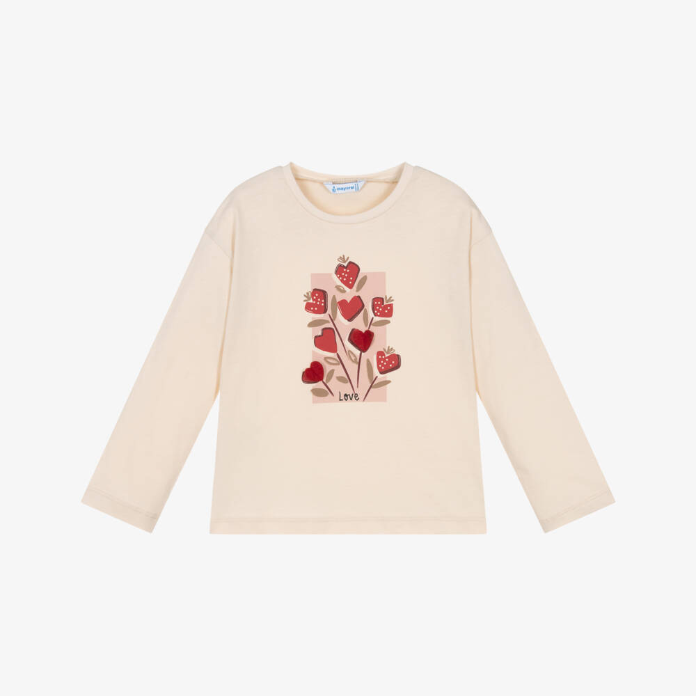 Mayoral-Футболка из бежевого хлопка с сердцем для девочек | Childrensalon Outlet