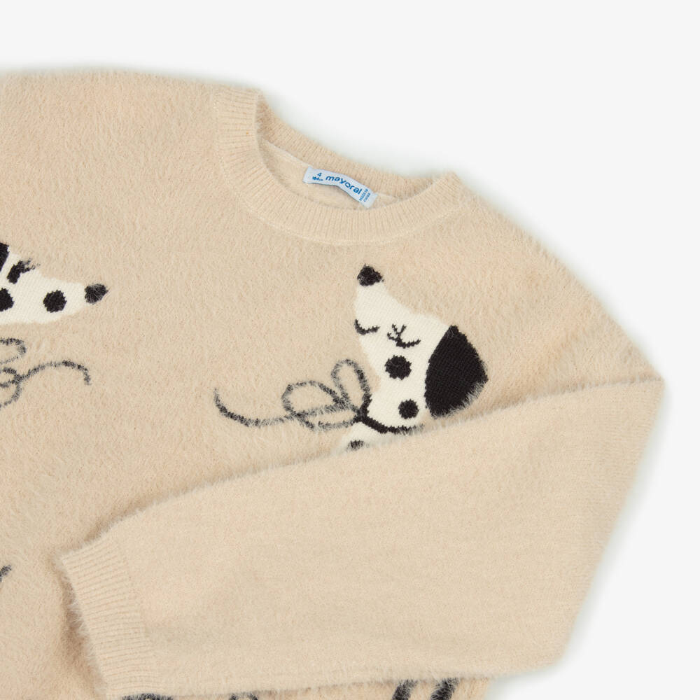 Mayoral-Girls Beige Dog Design Knit Jumper | Childrensalon Outlet