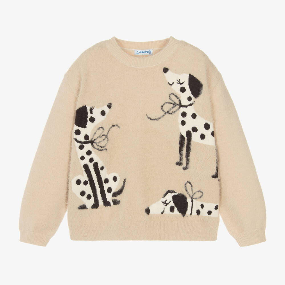 Mayoral-Girls Beige Dog Design Knit Jumper | Childrensalon Outlet