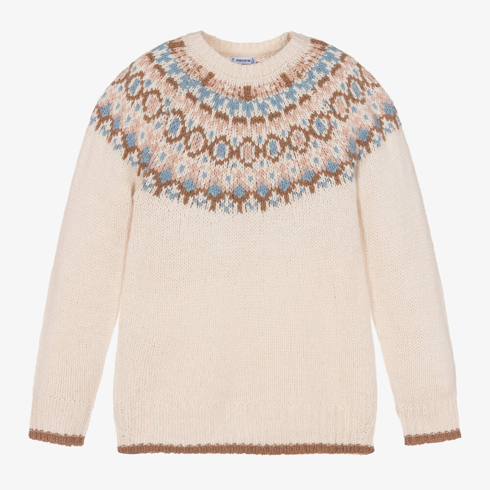 Mayoral - Girls Beige Fair Isle Sweater | Childrensalon