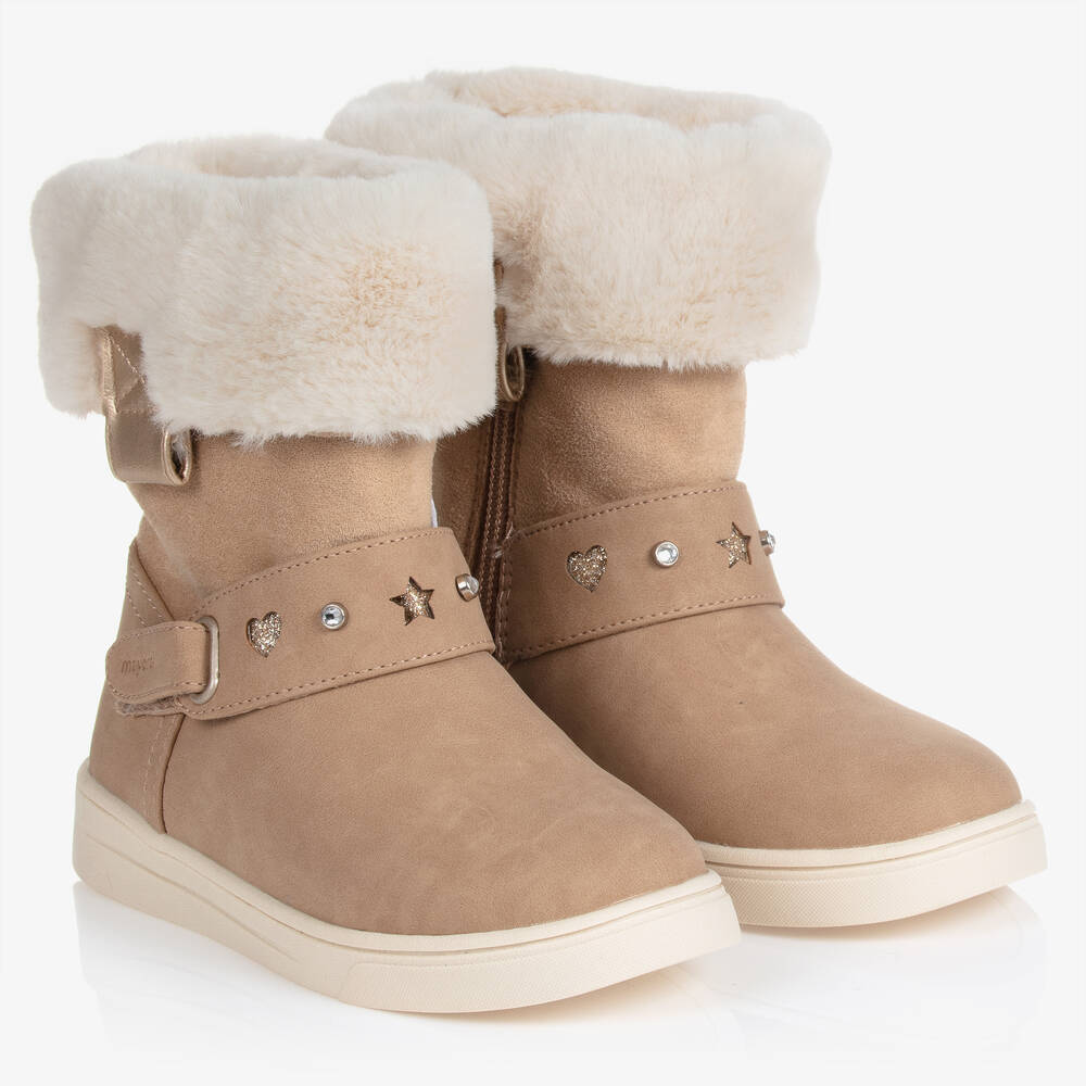 Girls Beige Faux Fur Boots