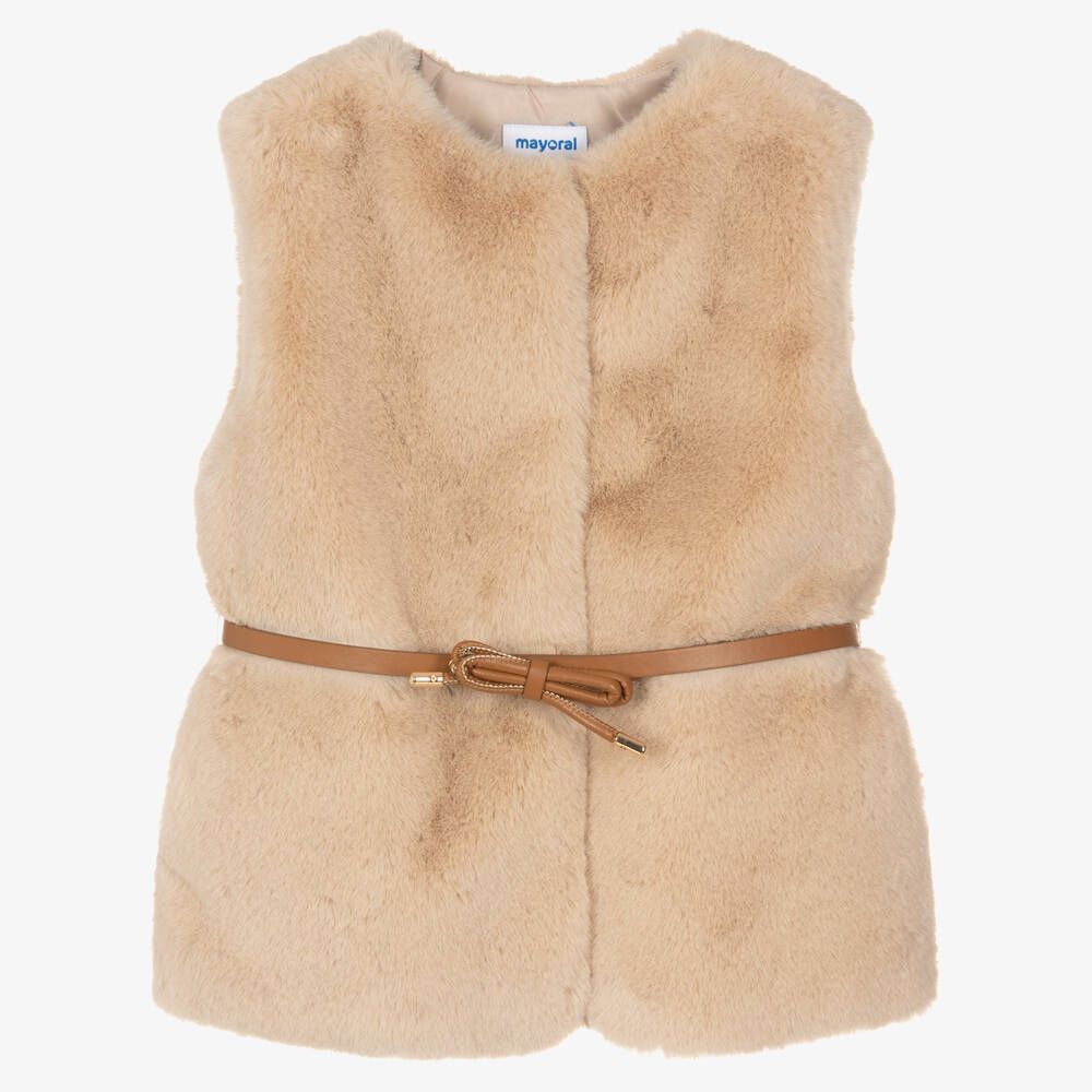 Mayoral-Girls Beige Faux Fur Gilet | Childrensalon Outlet