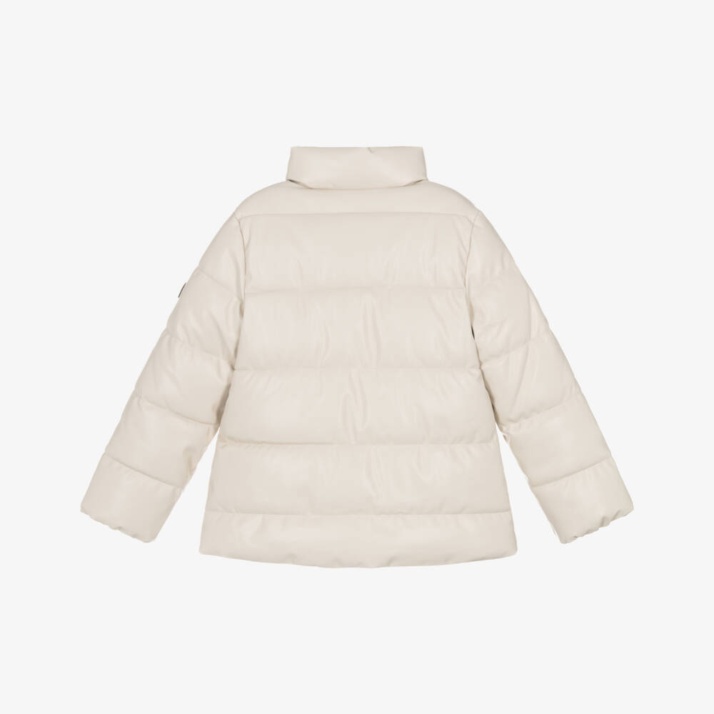 Mayoral-Girls Beige Faux Leather Puffer Coat with Black Zip | Childrensalon Outlet