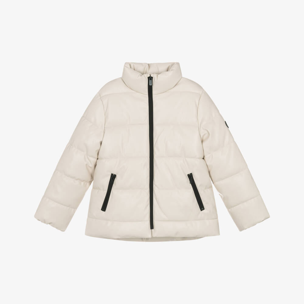 Mayoral-Girls Beige Faux Leather Puffer Coat with Black Zip | Childrensalon Outlet