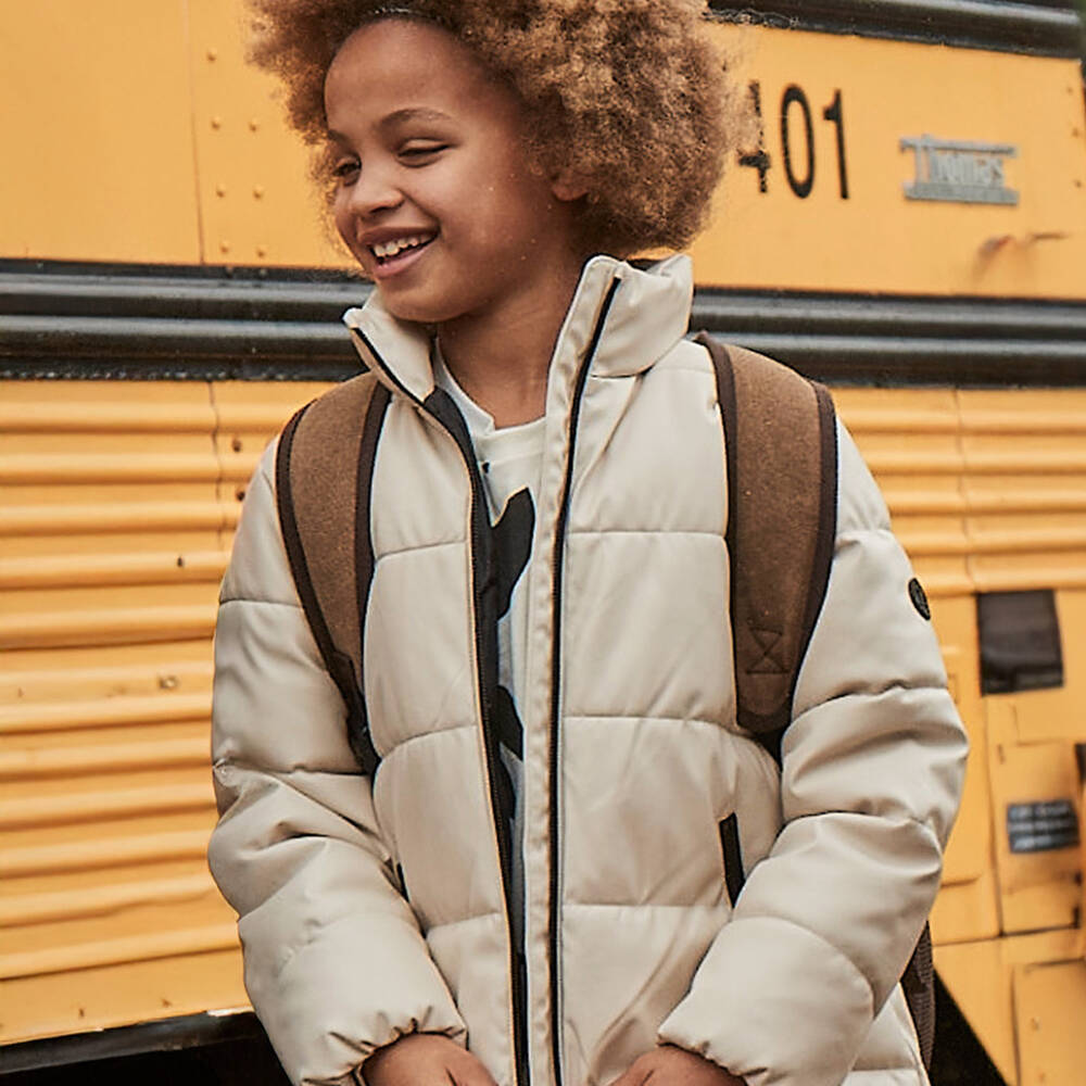 Mayoral-Girls Beige Faux Leather Puffer Coat with Black Zip | Childrensalon Outlet