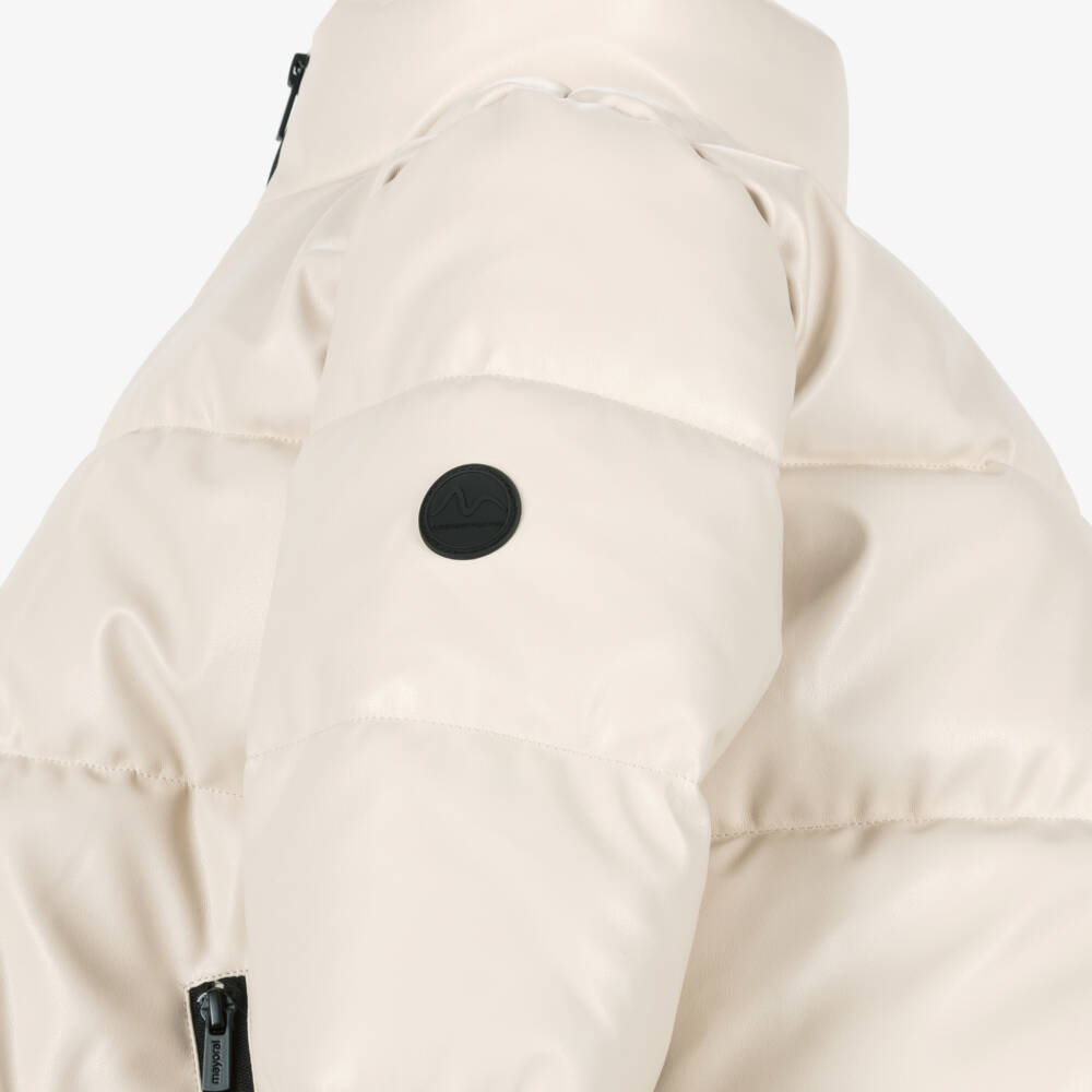 Mayoral-Girls Beige Faux Leather Puffer Coat with Black Zip | Childrensalon Outlet