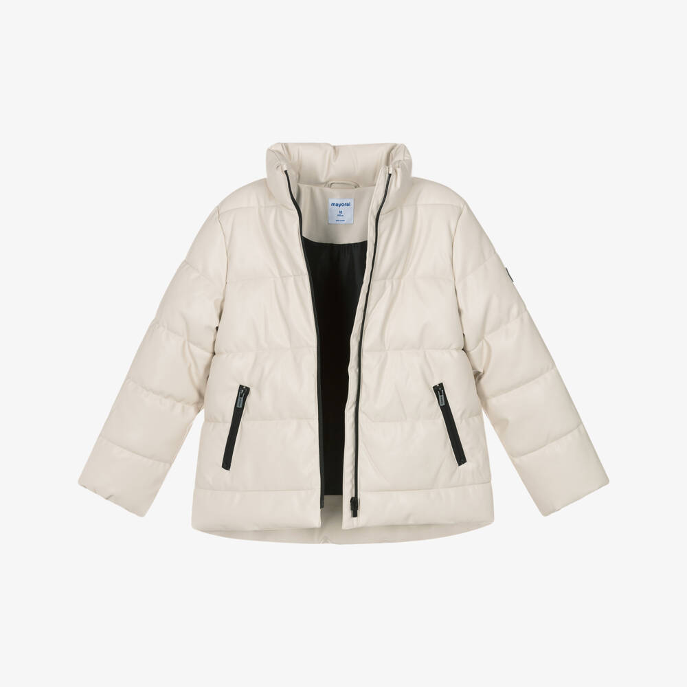 Mayoral-Girls Beige Faux Leather Puffer Coat with Black Zip | Childrensalon Outlet