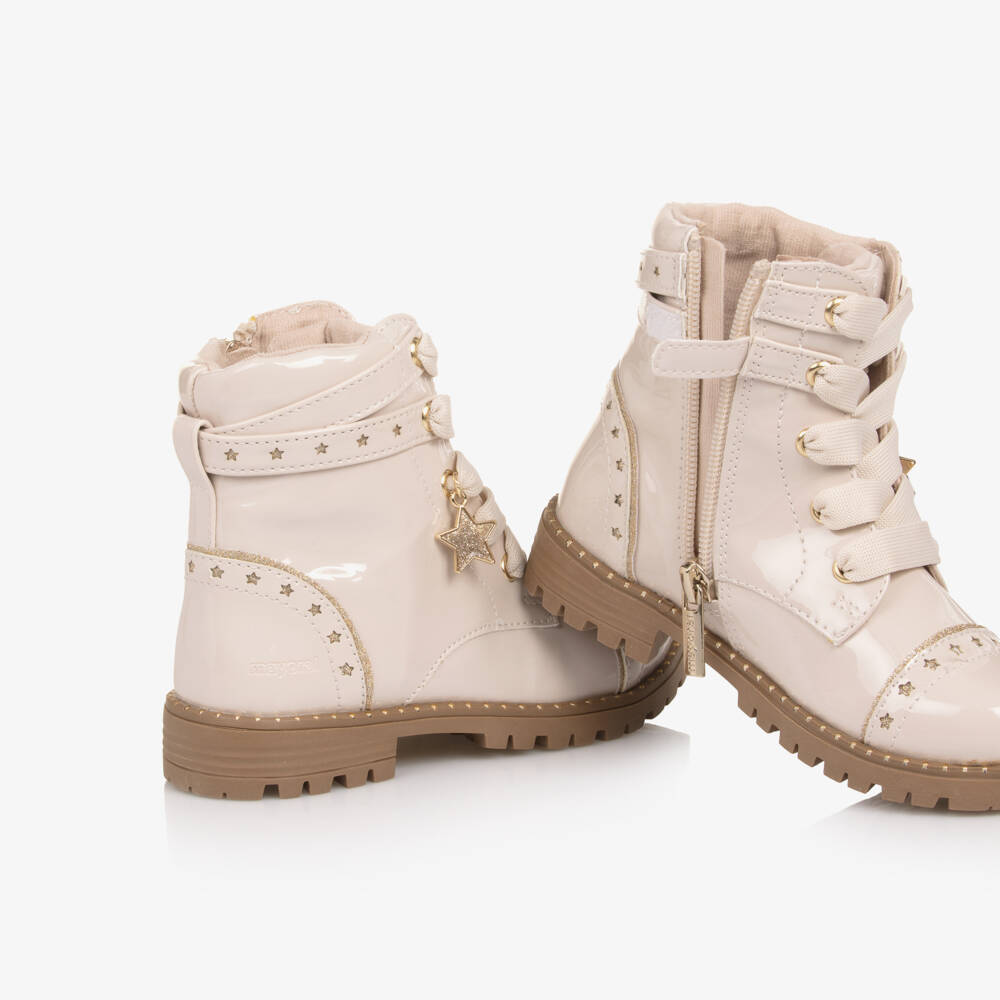 Mayoral-Girls Beige Faux Patent Leather Boots with Gold Stars | Childrensalon Outlet