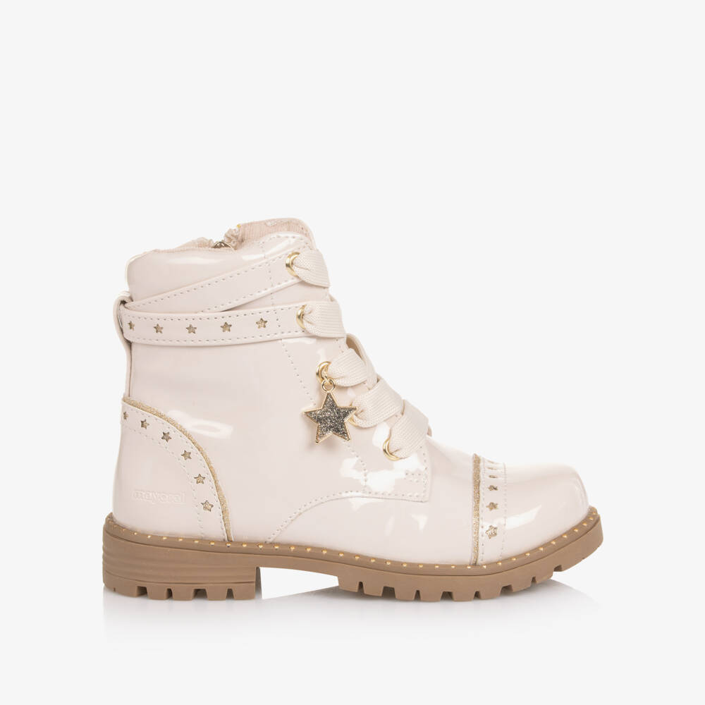 Mayoral-Girls Beige Faux Patent Leather Boots with Gold Stars | Childrensalon Outlet