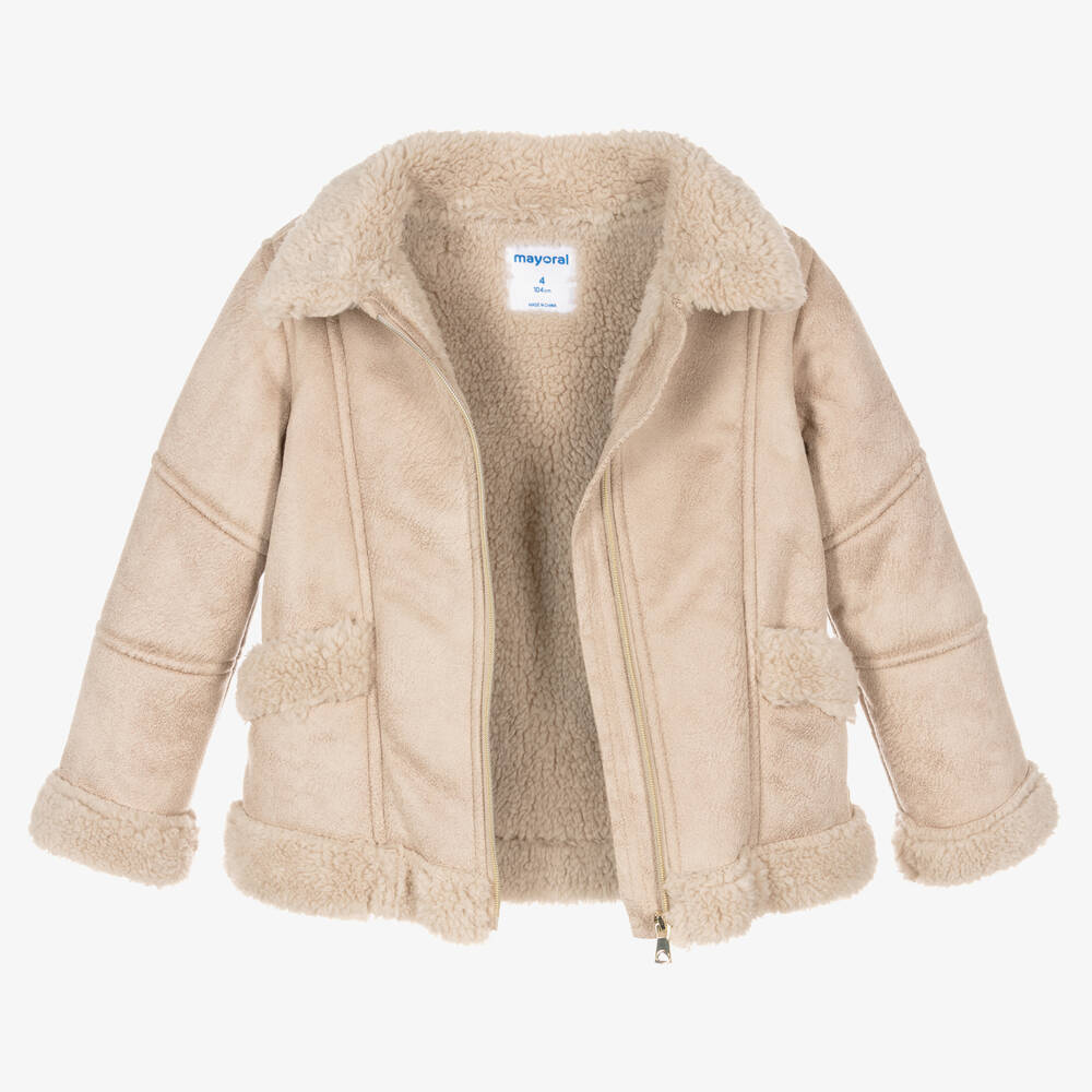 Mayoral-Girls Beige Faux Sheepskin Jacket | Childrensalon Outlet