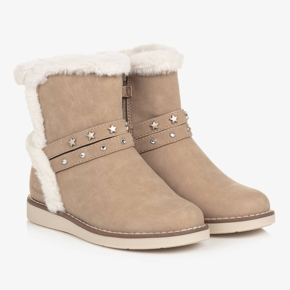 Mayoral - Girls Beige Faux Suede & Fur Boots | Childrensalon