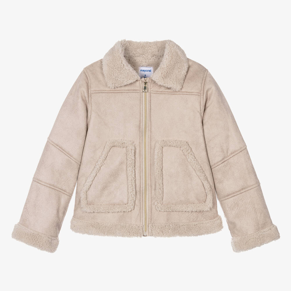 Mayoral - Girls Beige Faux Suede Jacket | Childrensalon