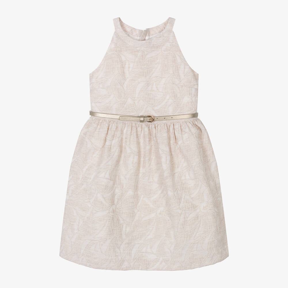 Mayoral-GIrls Beige Floral Jacquard Dress | Childrensalon Outlet