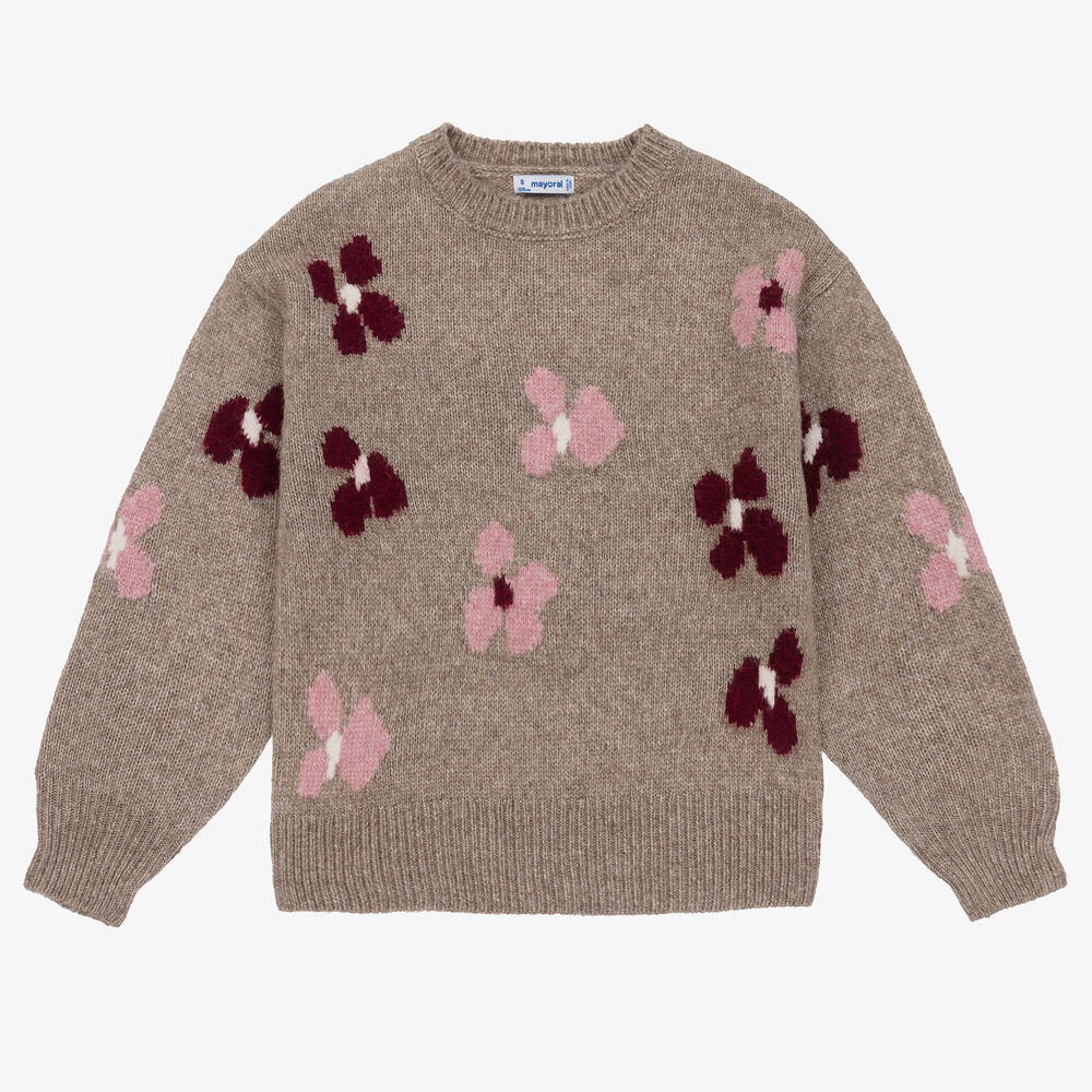 Mayoral - Girls Beige Floral Knitted Sweater | Childrensalon