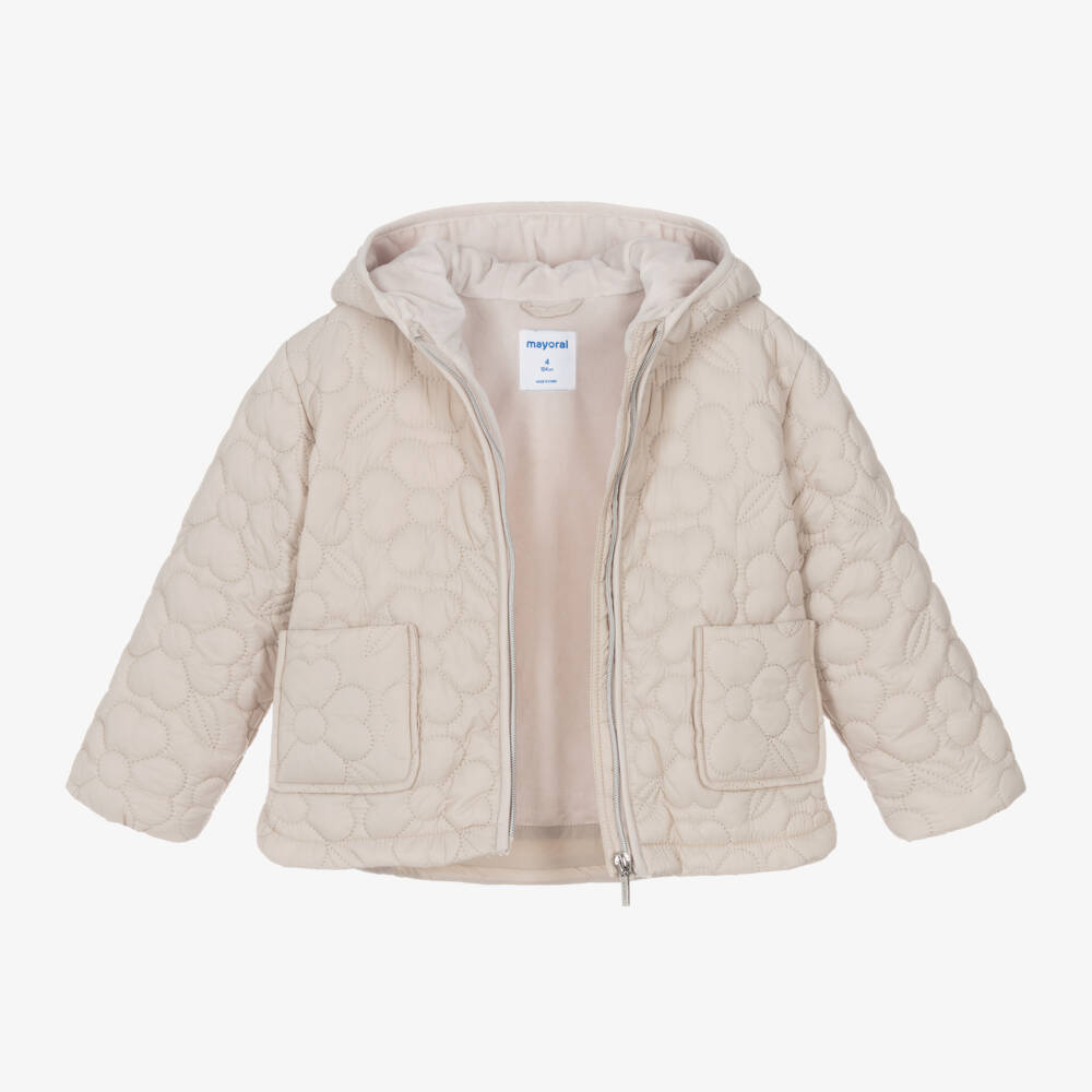 Mayoral-Girls Beige Floral Padded Coat | Childrensalon Outlet