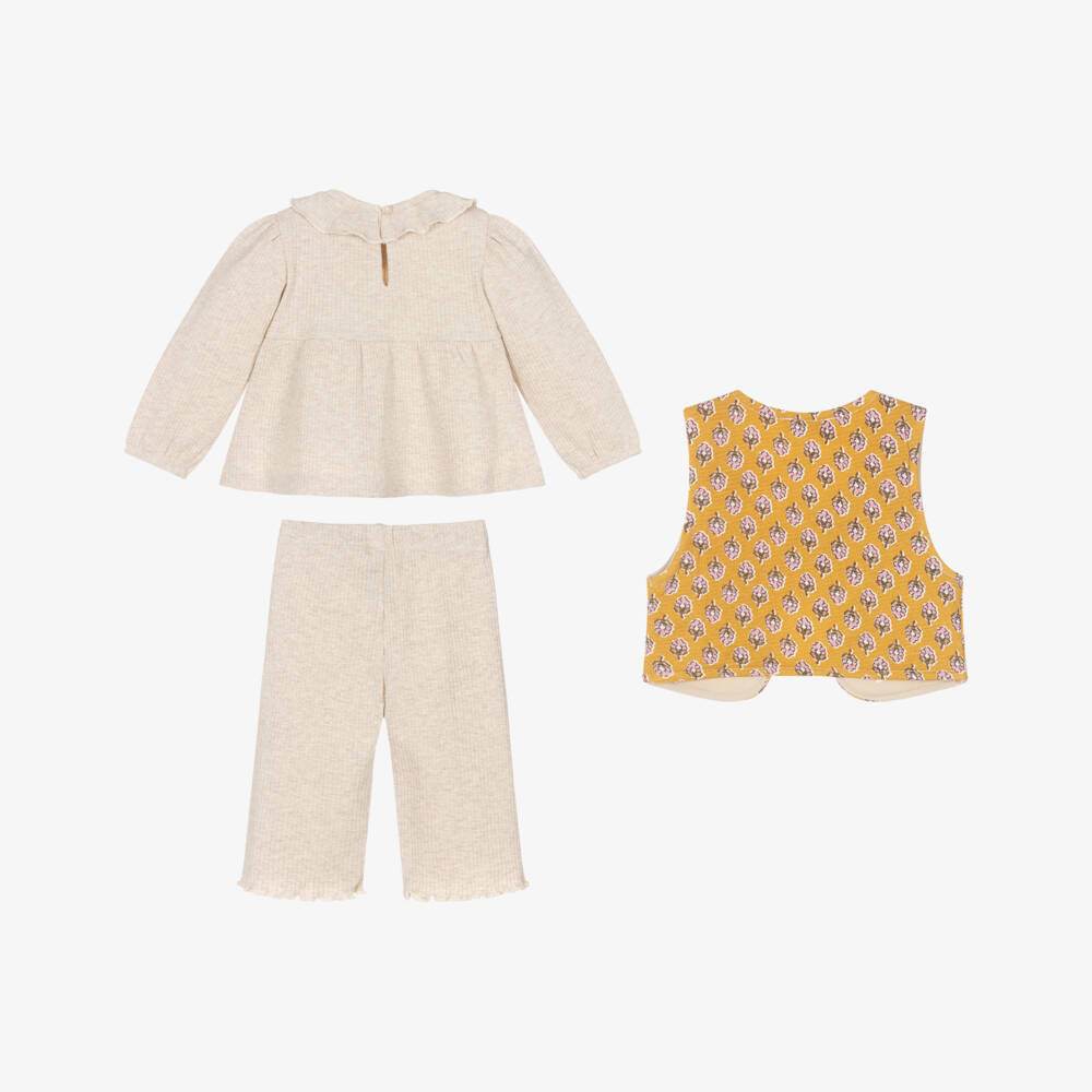 Mayoral-Girls Beige Floral Vest Outfit Set | Childrensalon Outlet