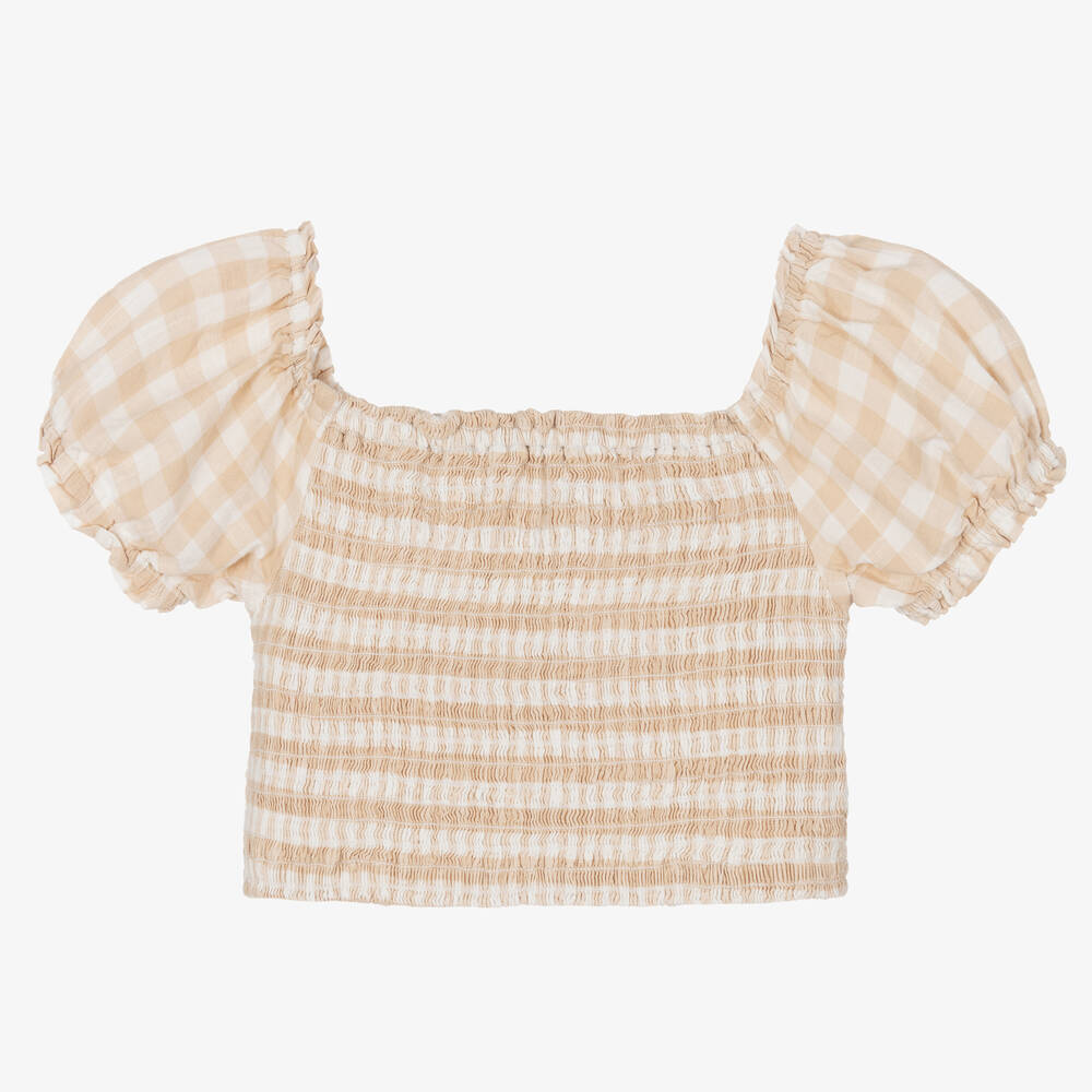 Mayoral - Girls Beige Gingham Blouse | Childrensalon