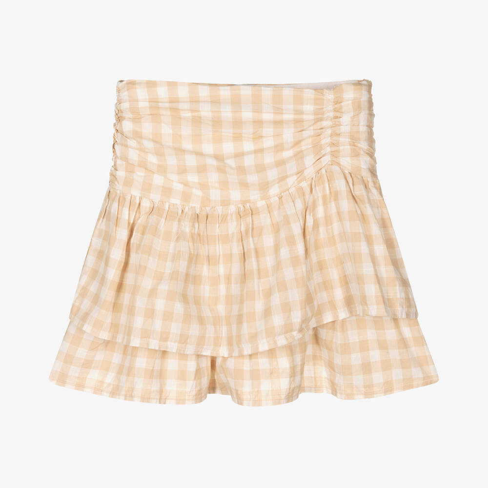 Mayoral - Girls Beige Gingham Cotton Ruffle Skirt | Childrensalon