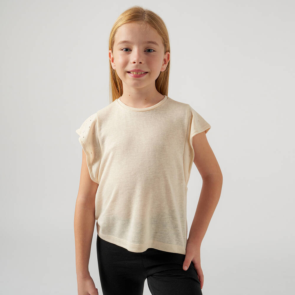 Mayoral-Girls Beige Glitter Studded T-Shirt | Childrensalon Outlet