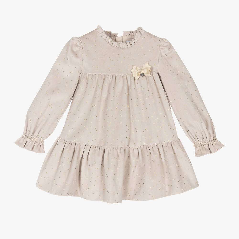 Mayoral - Girls Beige & Gold Dot Velvet Dress | Childrensalon