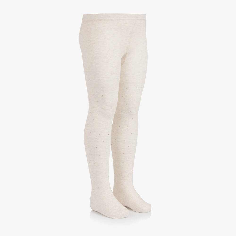Mayoral-Girls Beige Gold-Embellished Knit Tights | Childrensalon Outlet