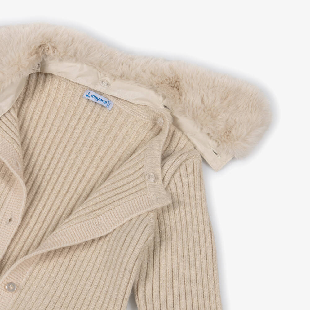 Mayoral-Girls Beige & Gold Knitted Cardigan with Faux Fur Collar | Childrensalon Outlet