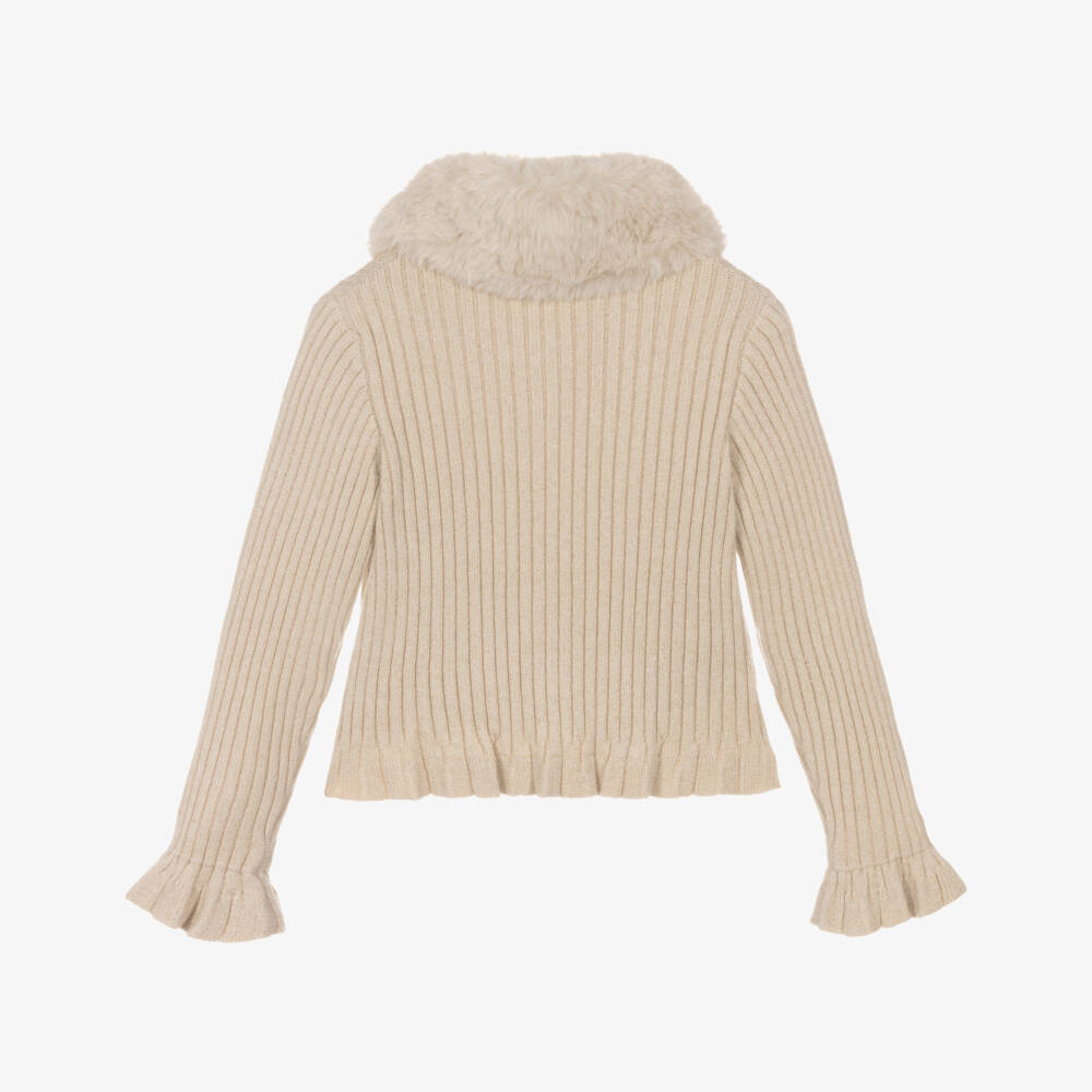 Mayoral-Girls Beige & Gold Knitted Cardigan with Faux Fur Collar | Childrensalon Outlet