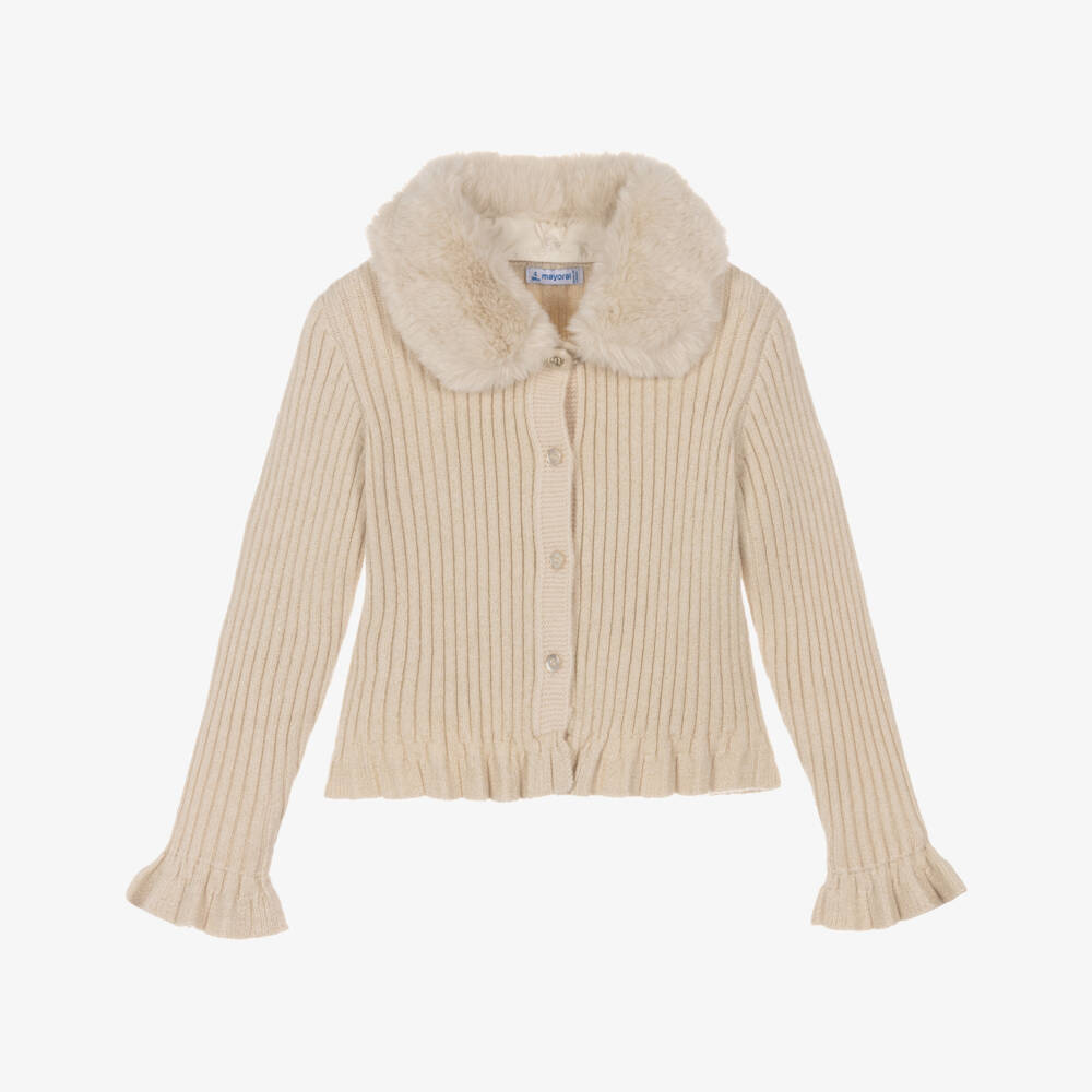 Mayoral-Girls Beige & Gold Knitted Cardigan with Faux Fur Collar | Childrensalon Outlet