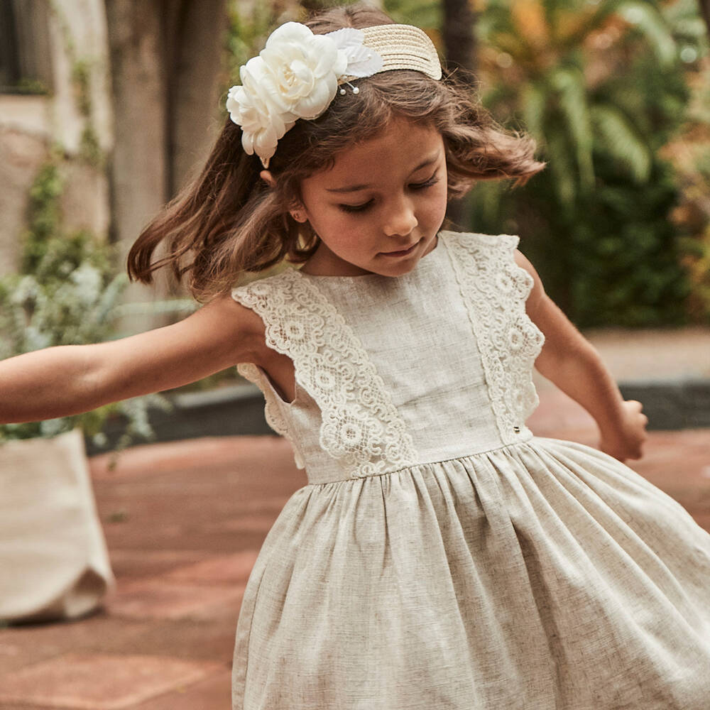 Mayoral-Girls Beige Gown with Lace & Sparkle | Childrensalon Outlet