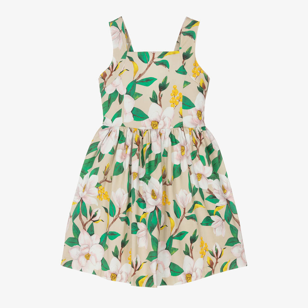 Mayoral - Girls Beige & Green Cotton Floral Dress | Childrensalon