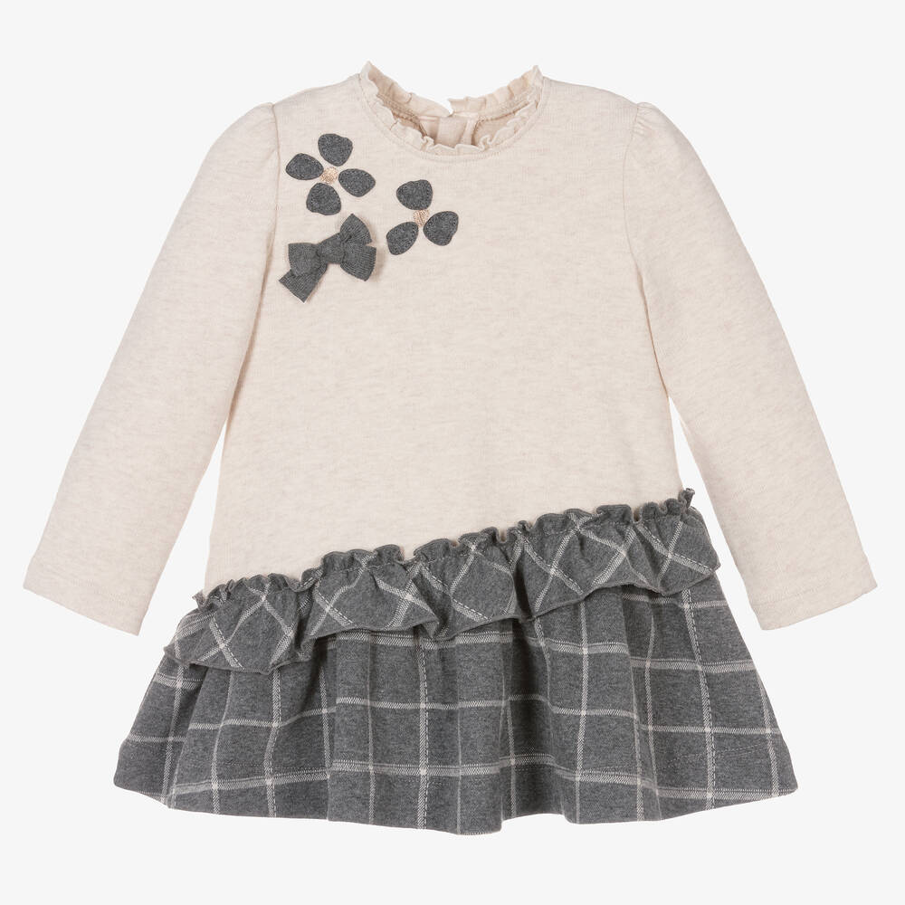 Mayoral - Girls Beige & Grey Checked Dress | Childrensalon