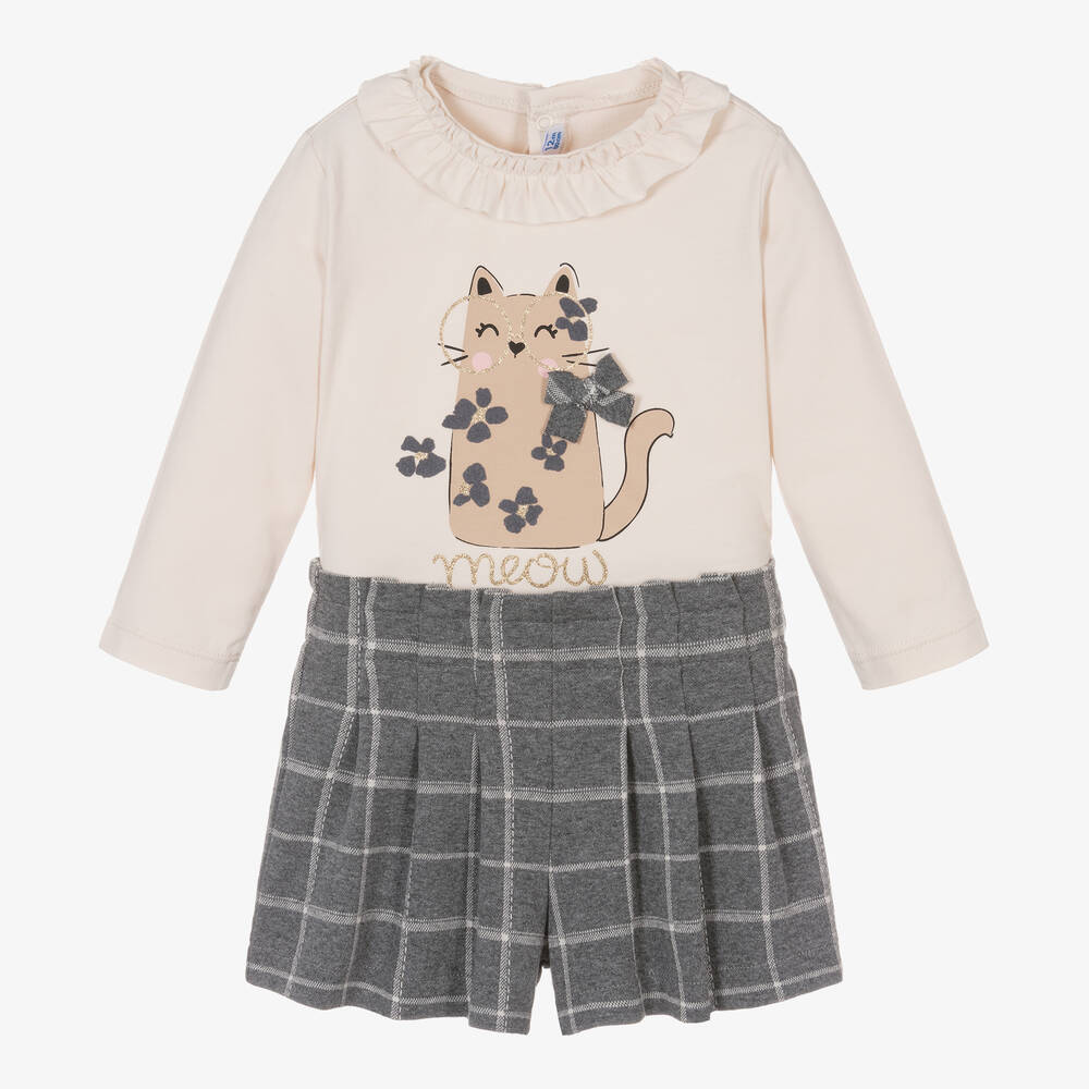 Mayoral - Set mit karierter Shorts in Beige und Grau für Mädchen | Childrensalon