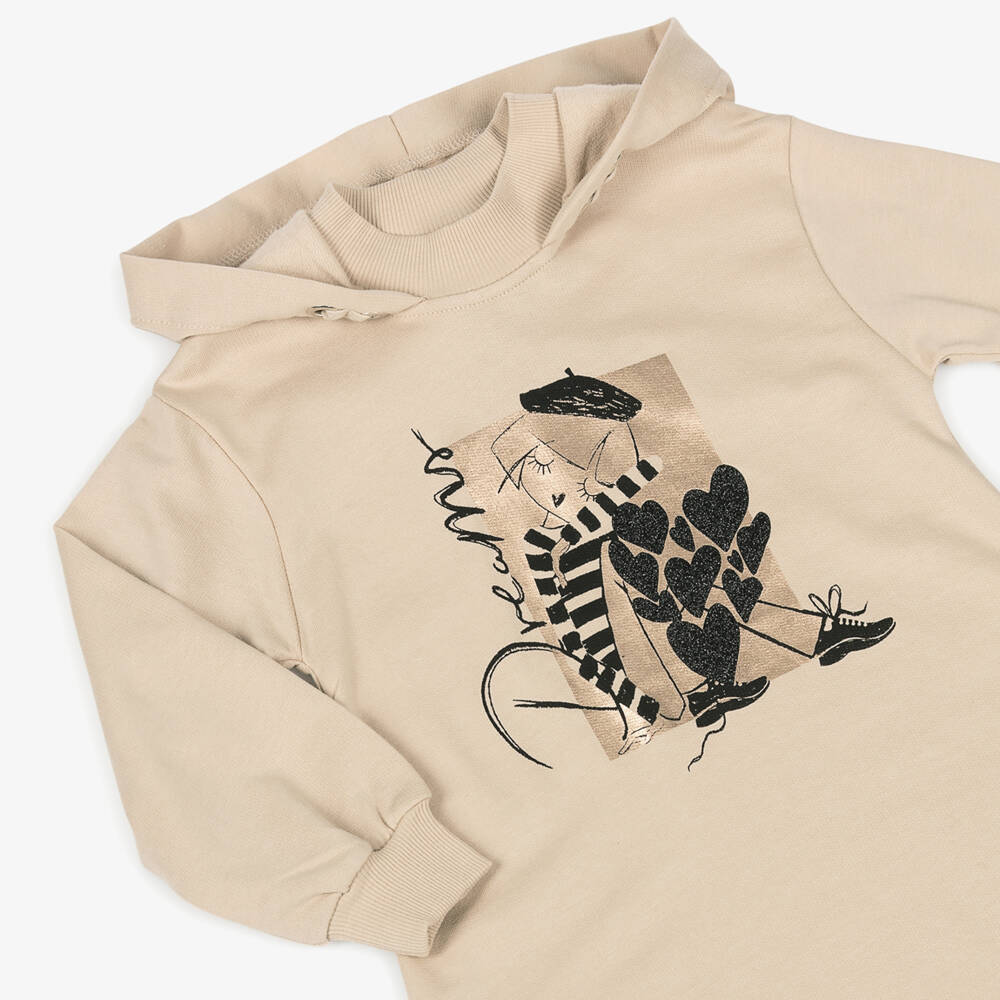 Mayoral-Girls Beige Hooded Cotton Dress | Childrensalon Outlet