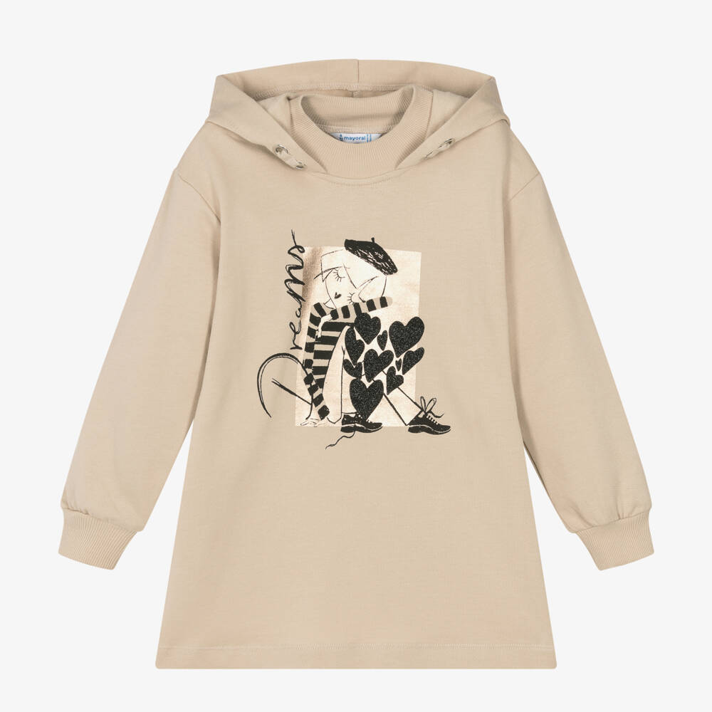 Mayoral-Girls Beige Hooded Cotton Dress | Childrensalon Outlet