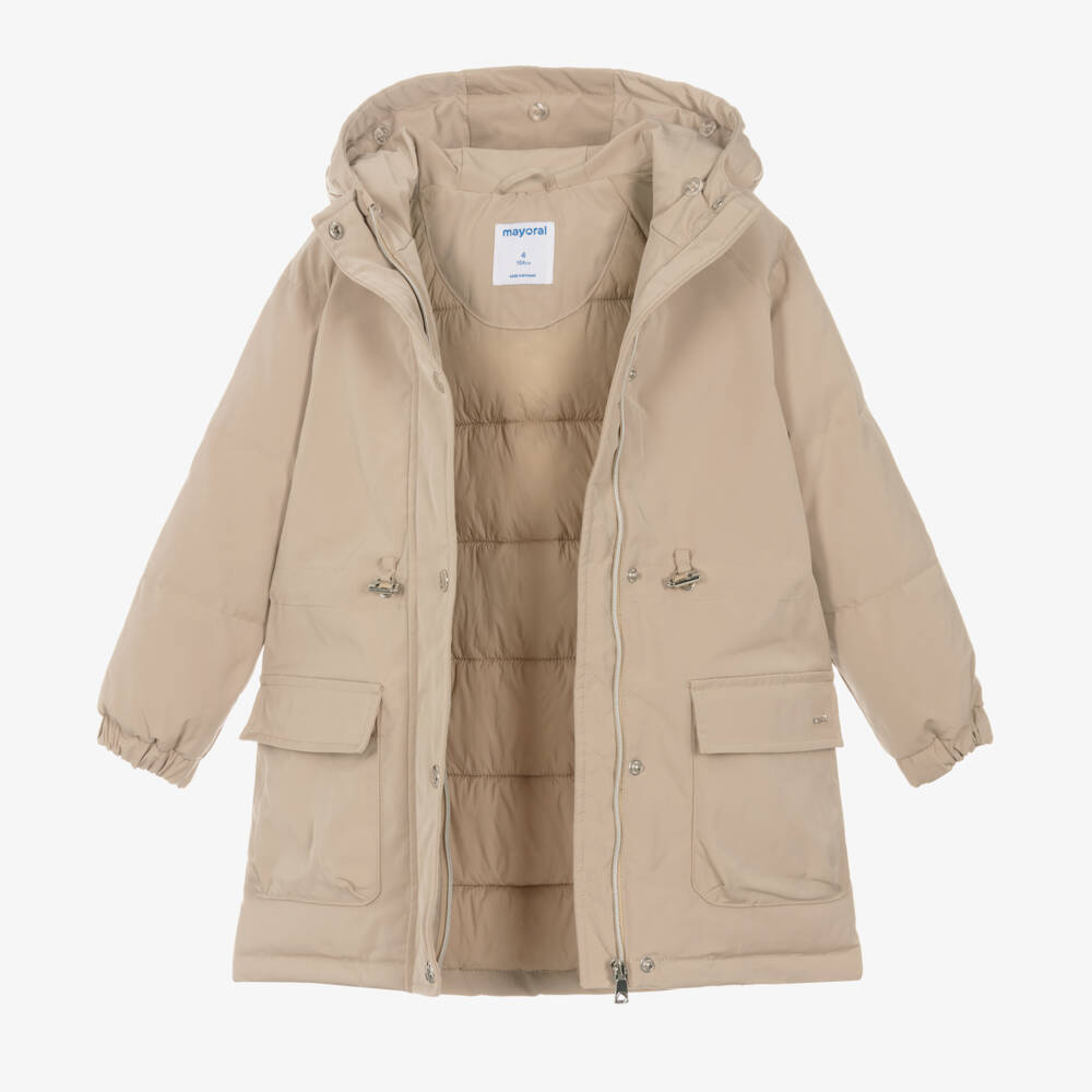 Mayoral-Girls Beige Hooded Parka | Childrensalon Outlet