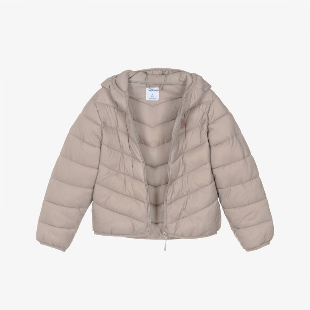 Mayoral-Girls Beige Hooded Puffer Jacket | Childrensalon Outlet