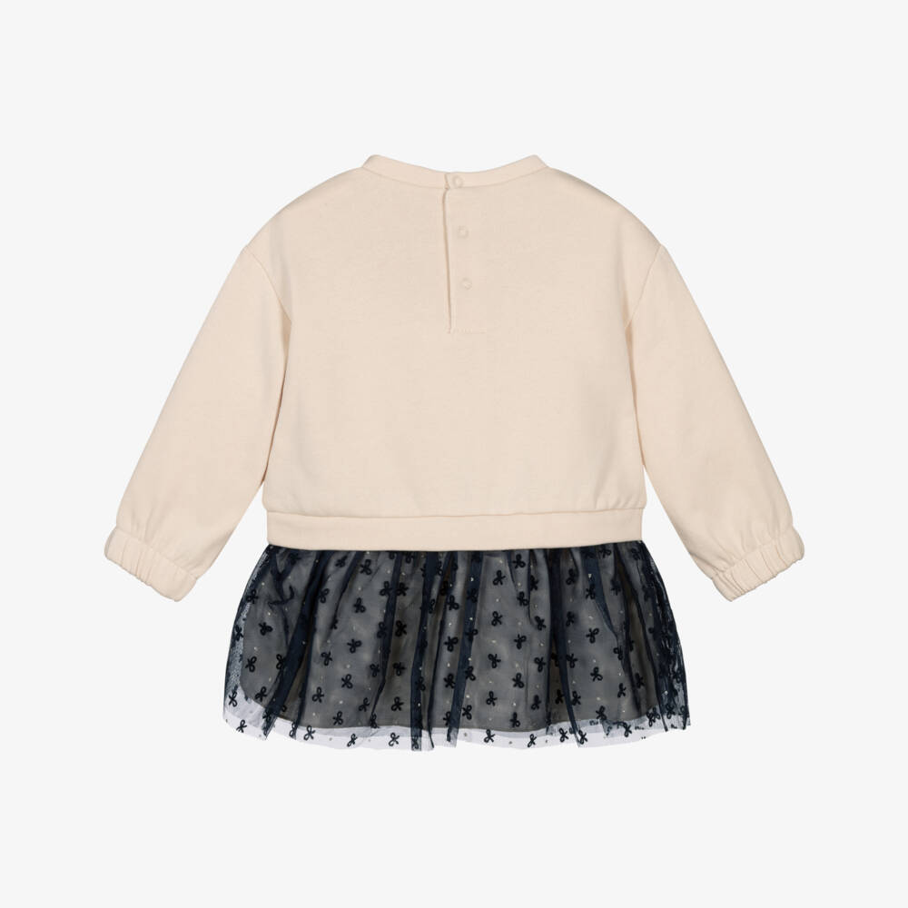 Mayoral-Girls Beige Jersey & Navy Blue Tulle Dress | Childrensalon Outlet