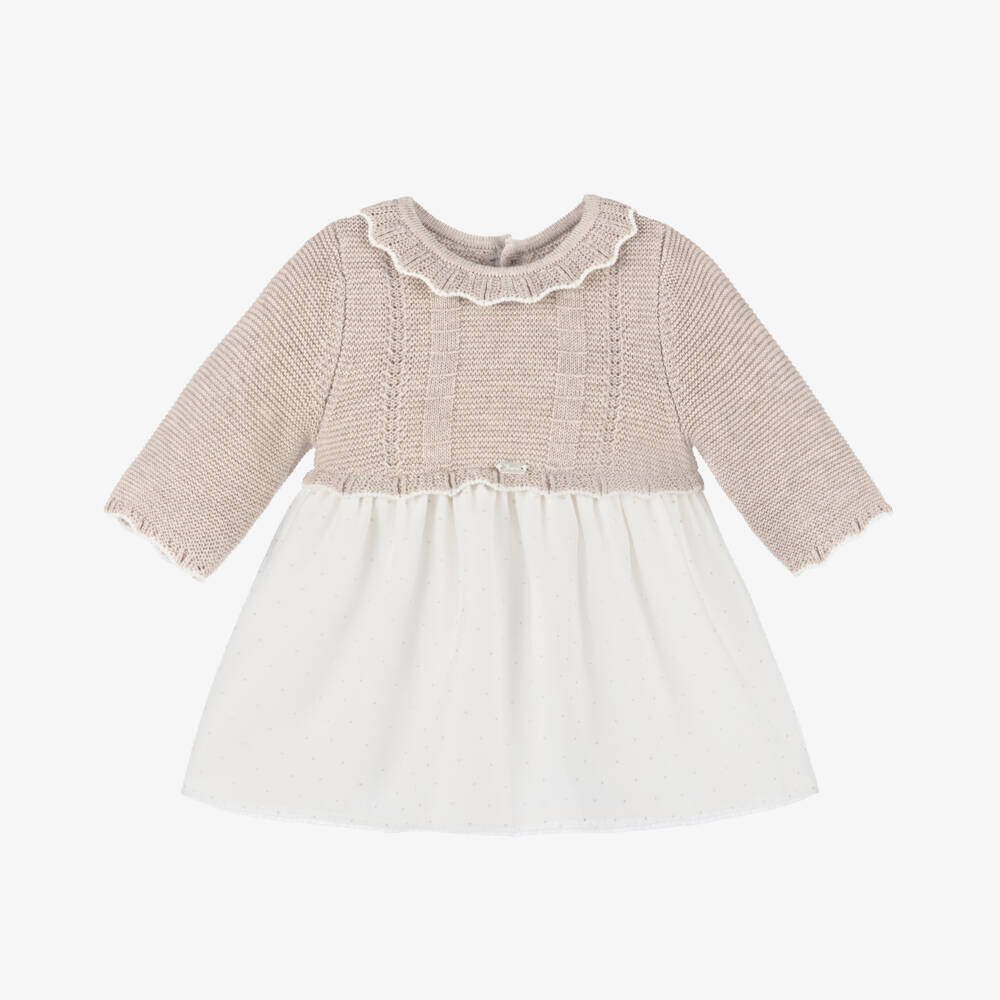 Mayoral Newborn-Girls Beige Knit and Tulle Dress | Childrensalon Outlet