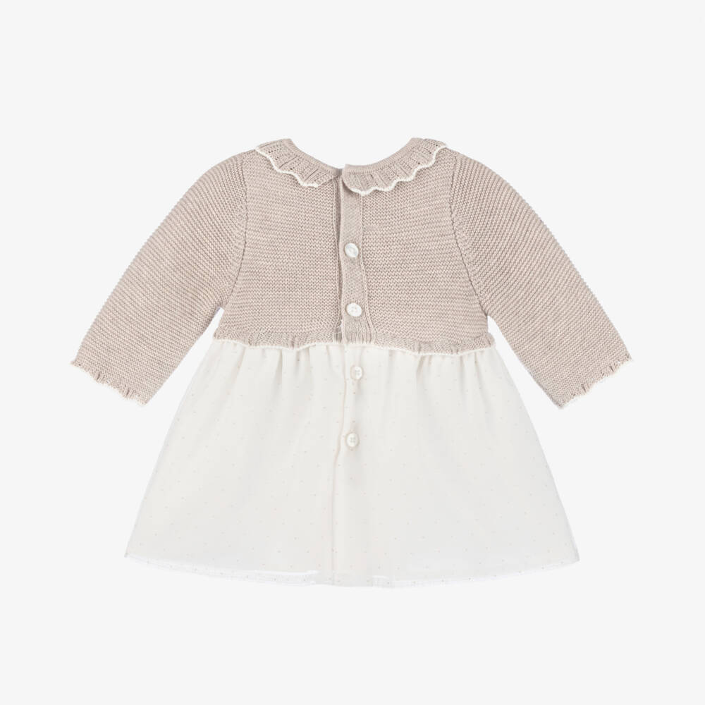 Mayoral Newborn-Girls Beige Knit and Tulle Dress | Childrensalon Outlet