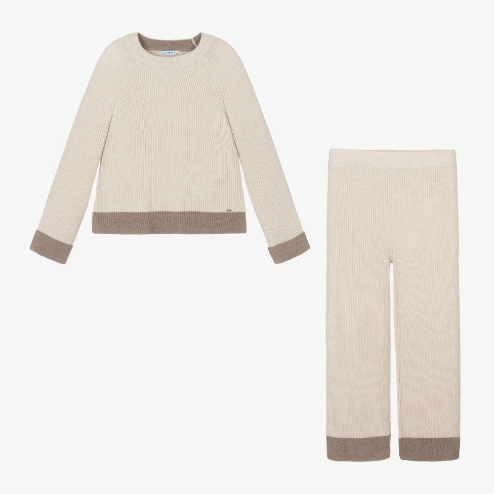 Mayoral-Girls Beige Knit Trousers Ensemble | Childrensalon Outlet