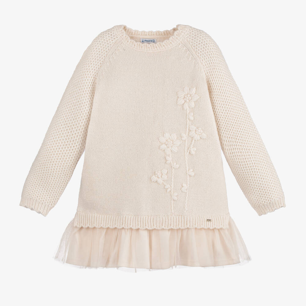 Mayoral-Girls Beige Knit & Tulle Delight | Childrensalon Outlet