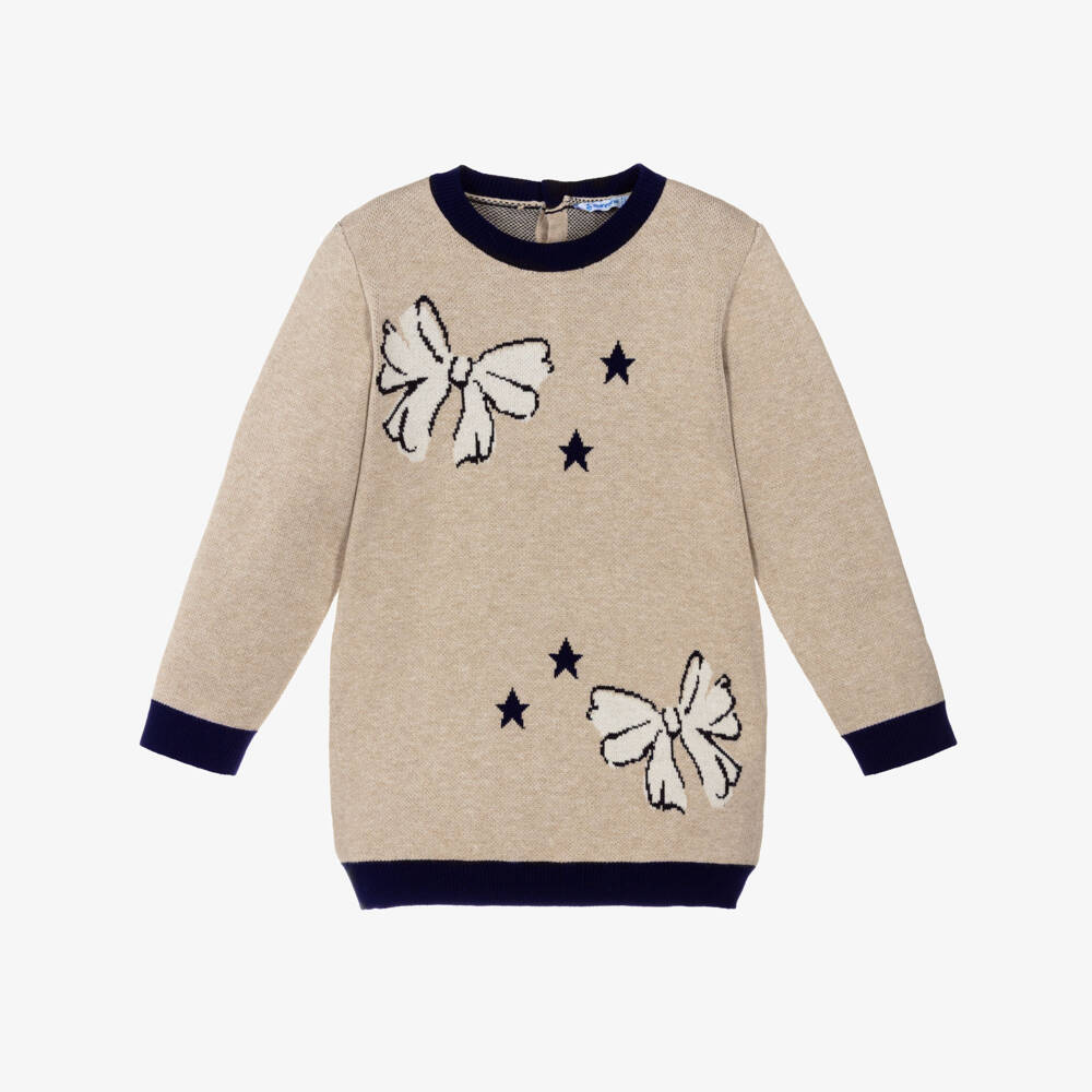Mayoral-Girls Beige Knitted Dress with Bows & Stars Motif | Childrensalon Outlet