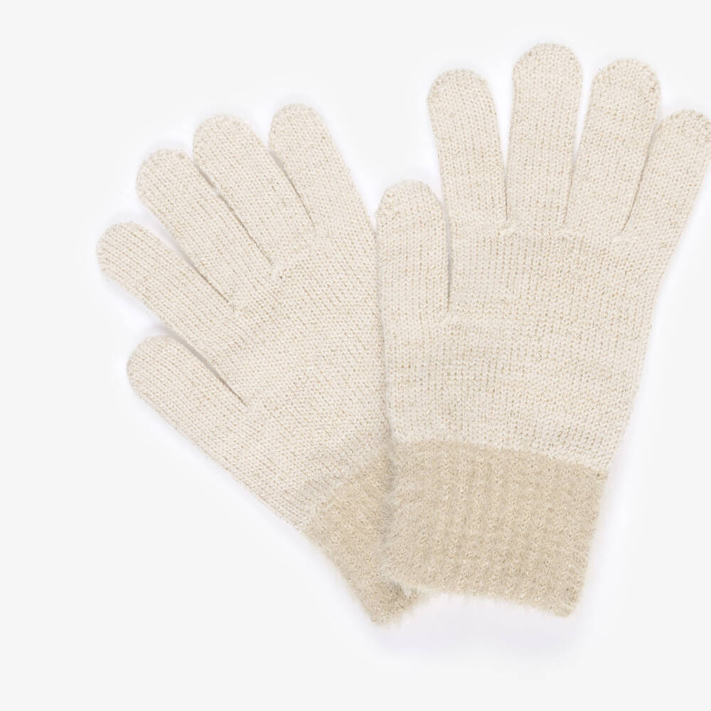 Mayoral-Girls Beige Knitted Gloves with Fluffy Cuffs | Childrensalon Outlet