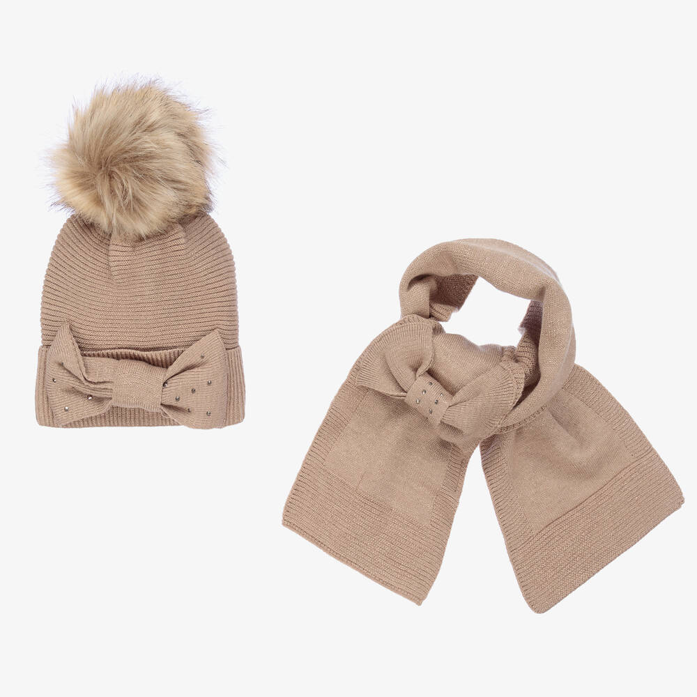 Mayoral - Girls Beige Knitted Hat Set | Childrensalon