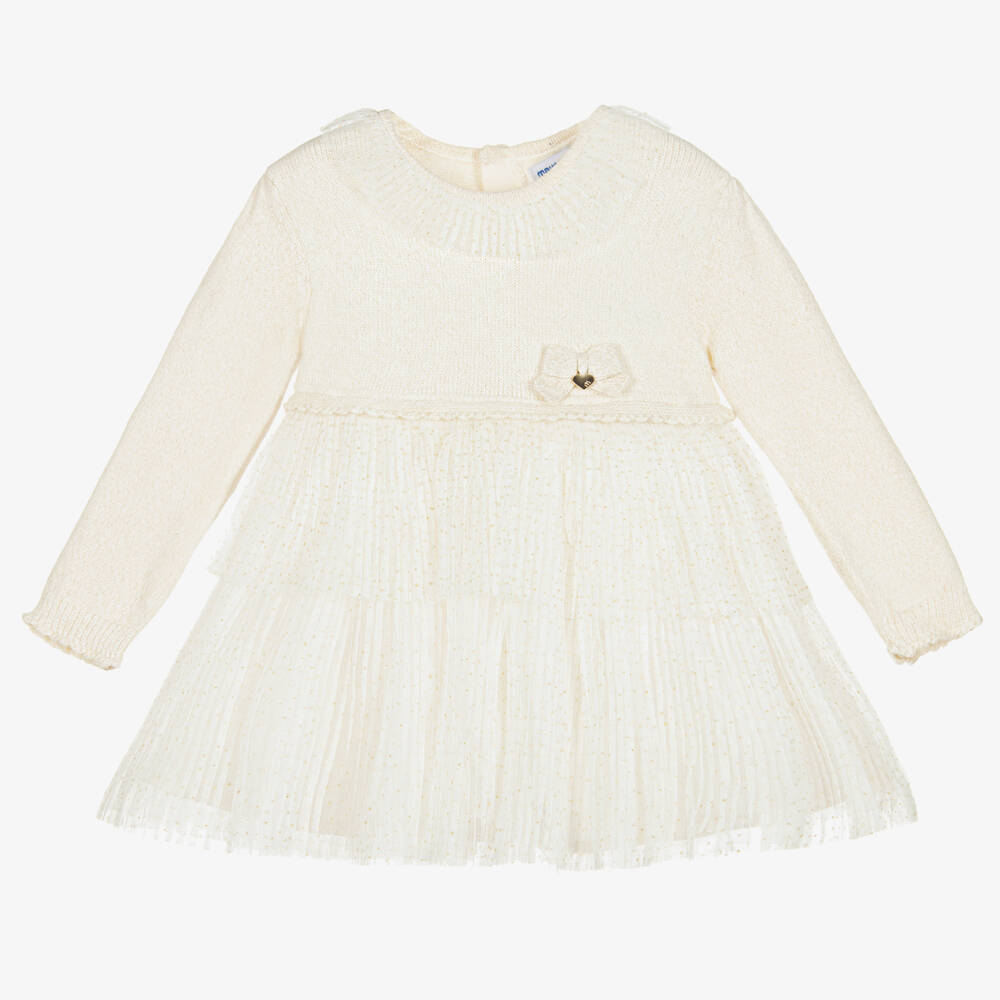 Mayoral - Girls Beige Knitted & Tulle Dress | Childrensalon