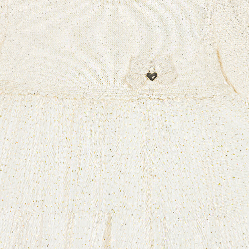 Mayoral-Бежевое трикотажное платье с отделкой из тюля | Childrensalon Outlet