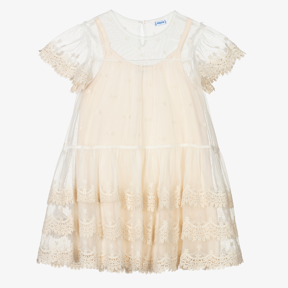 Mayoral - Girls Beige Lace & Tulle Dress | Childrensalon