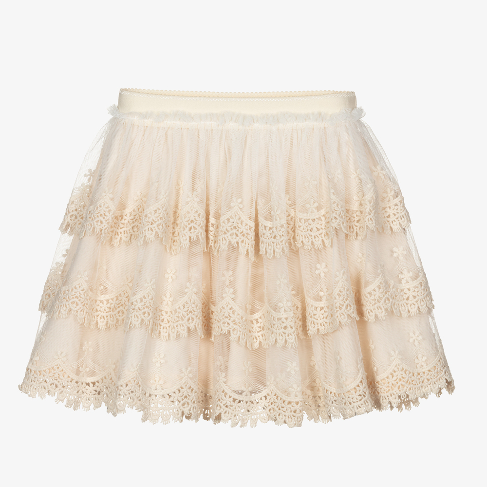 Mayoral - Girls Beige Lace & Tulle Skirt | Childrensalon