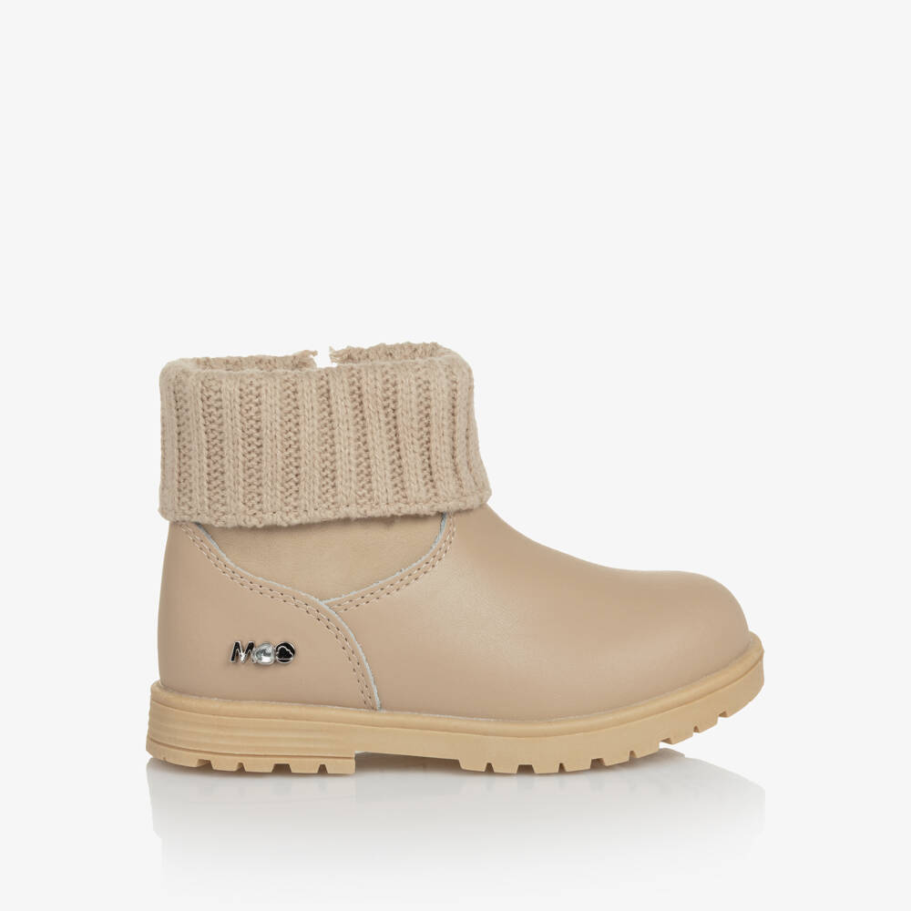 Mayoral-Girls Beige Leather Ankle Boots with Ribbed Knit Trim | Childrensalon Outlet